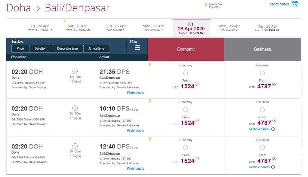 Flights to Bali from Qatar Airways