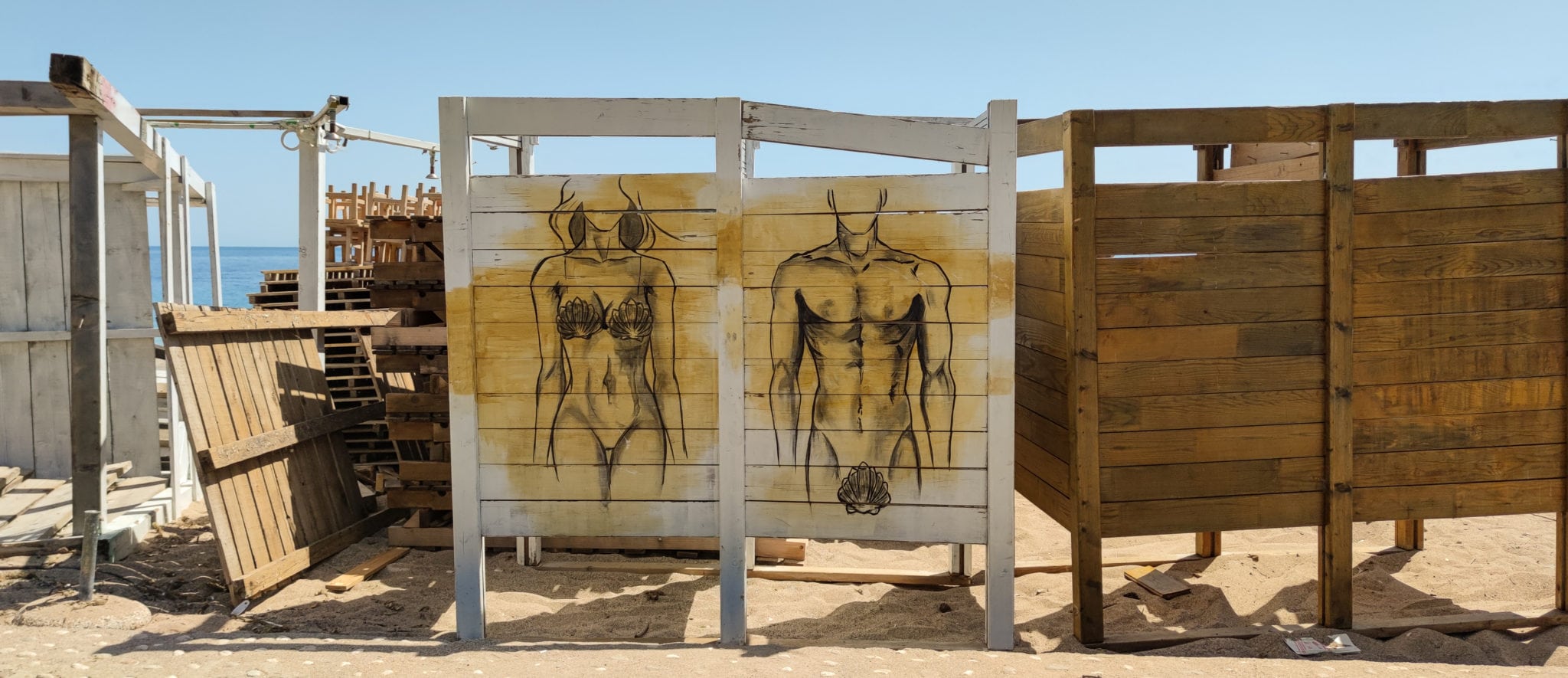 Changing room on the Slovenska Plaza beach in Budva. Montenegro. Beginning of the season.