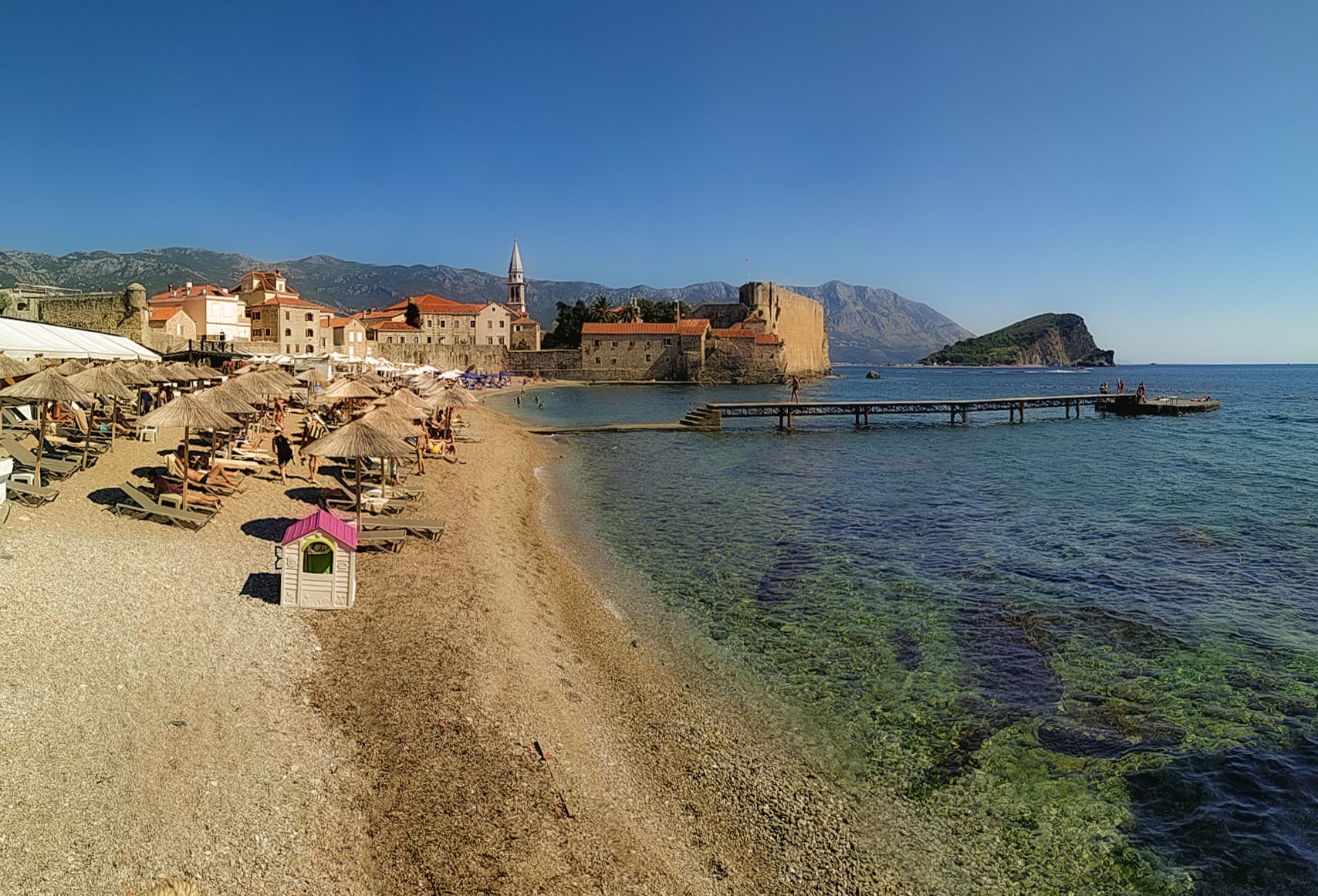 Ricardova Glava beach (or the old city beach) in Budva. Montenegro. The Adriatic Sea.