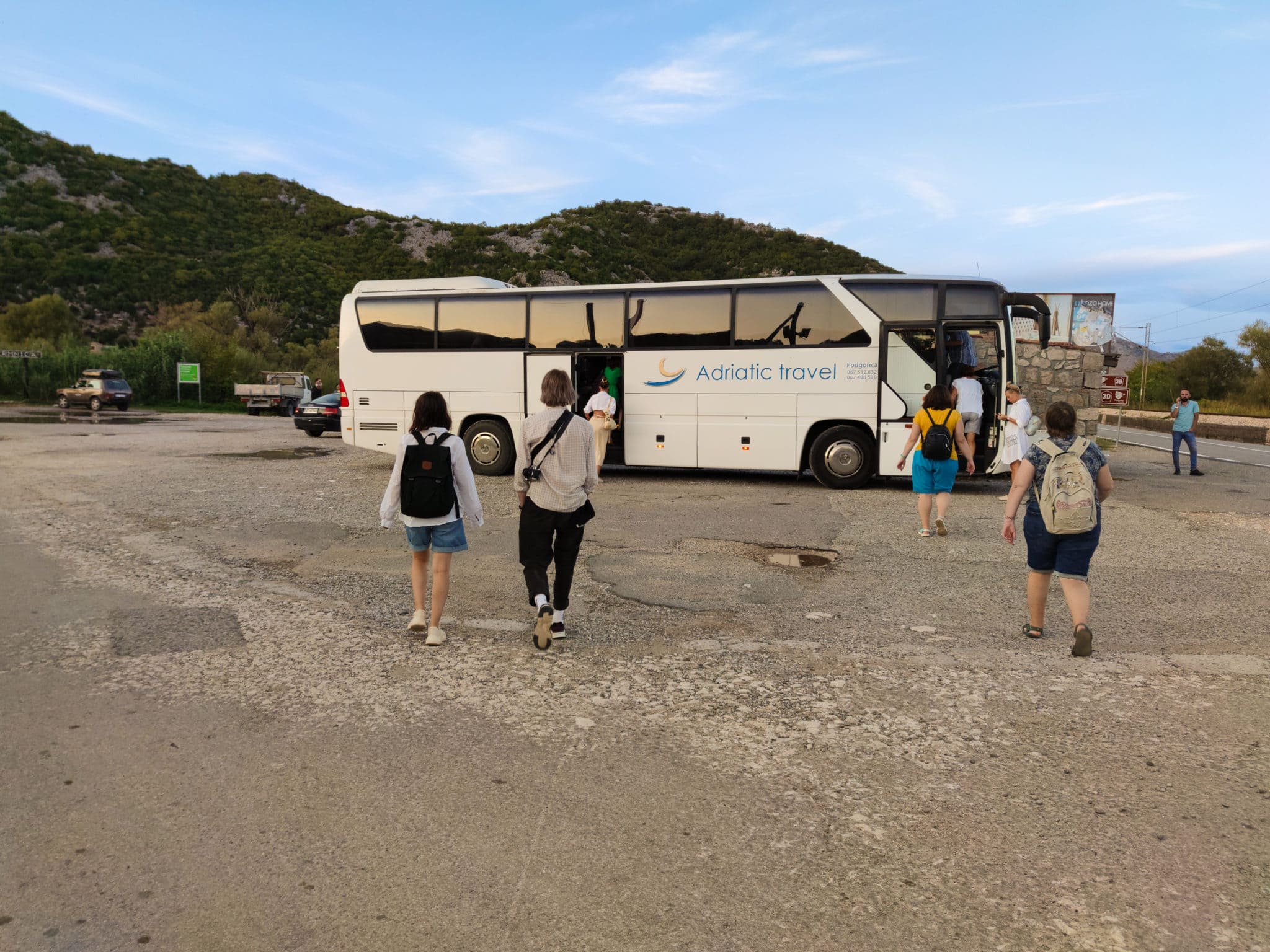 Sightseeing bus in Virpazar on Lake Skadar in Montenegro. September 2021.