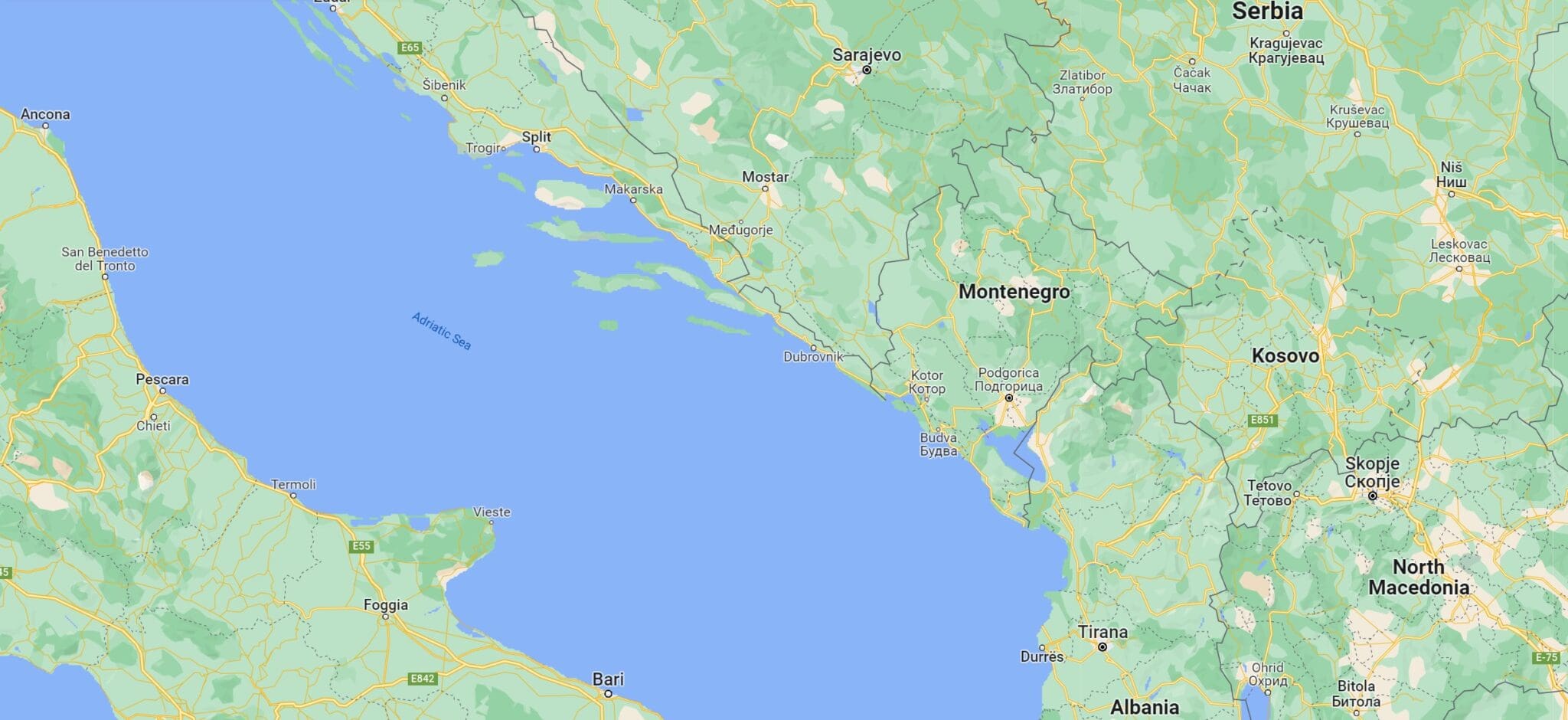 Montenegro on the map of Europe. It borders Croatia, Bosnia and Herzegovina, Serbia, Kosovo and Albania.