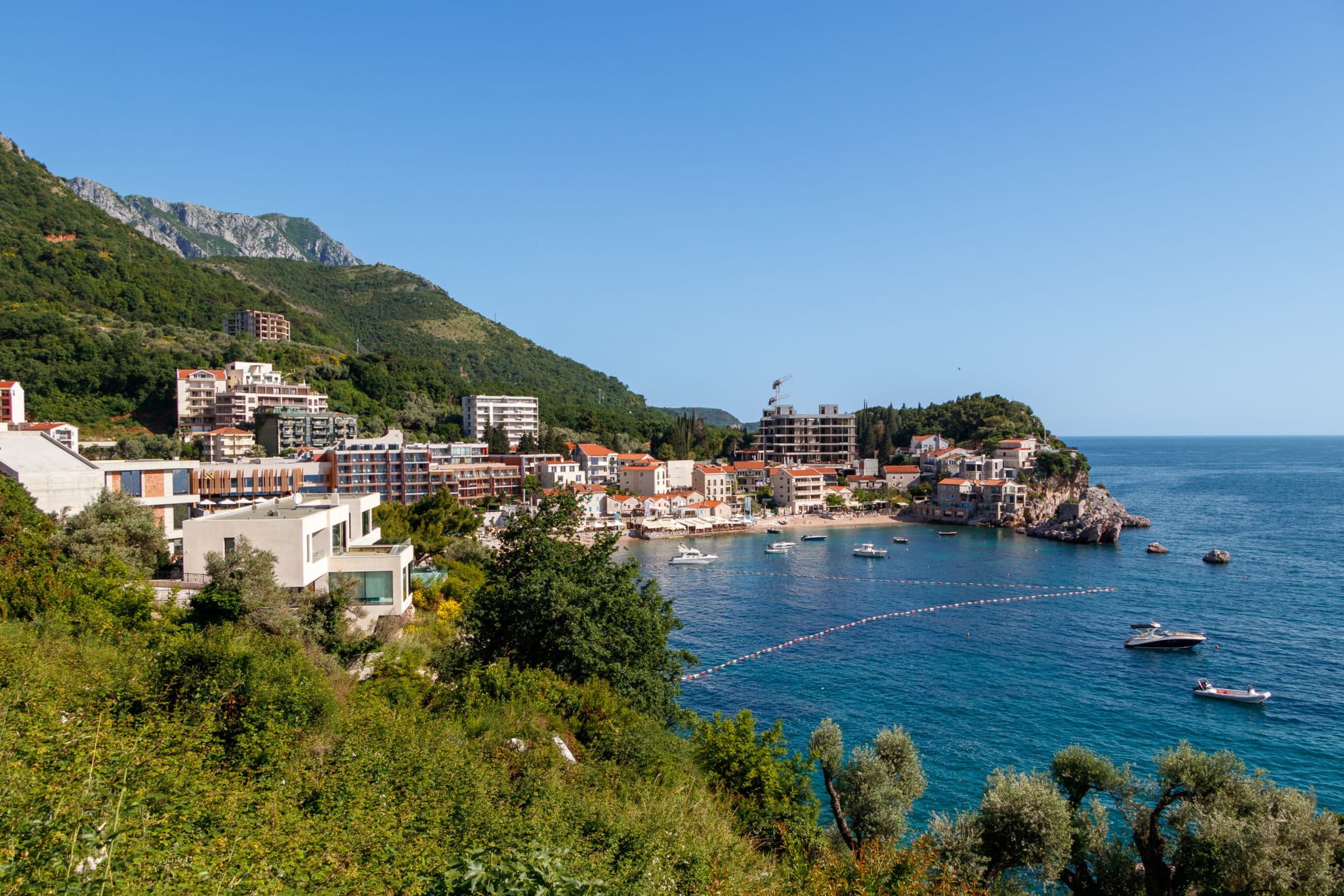 The village of Przno on the Budva Riviera in Montenegro. The Adriatic Sea.