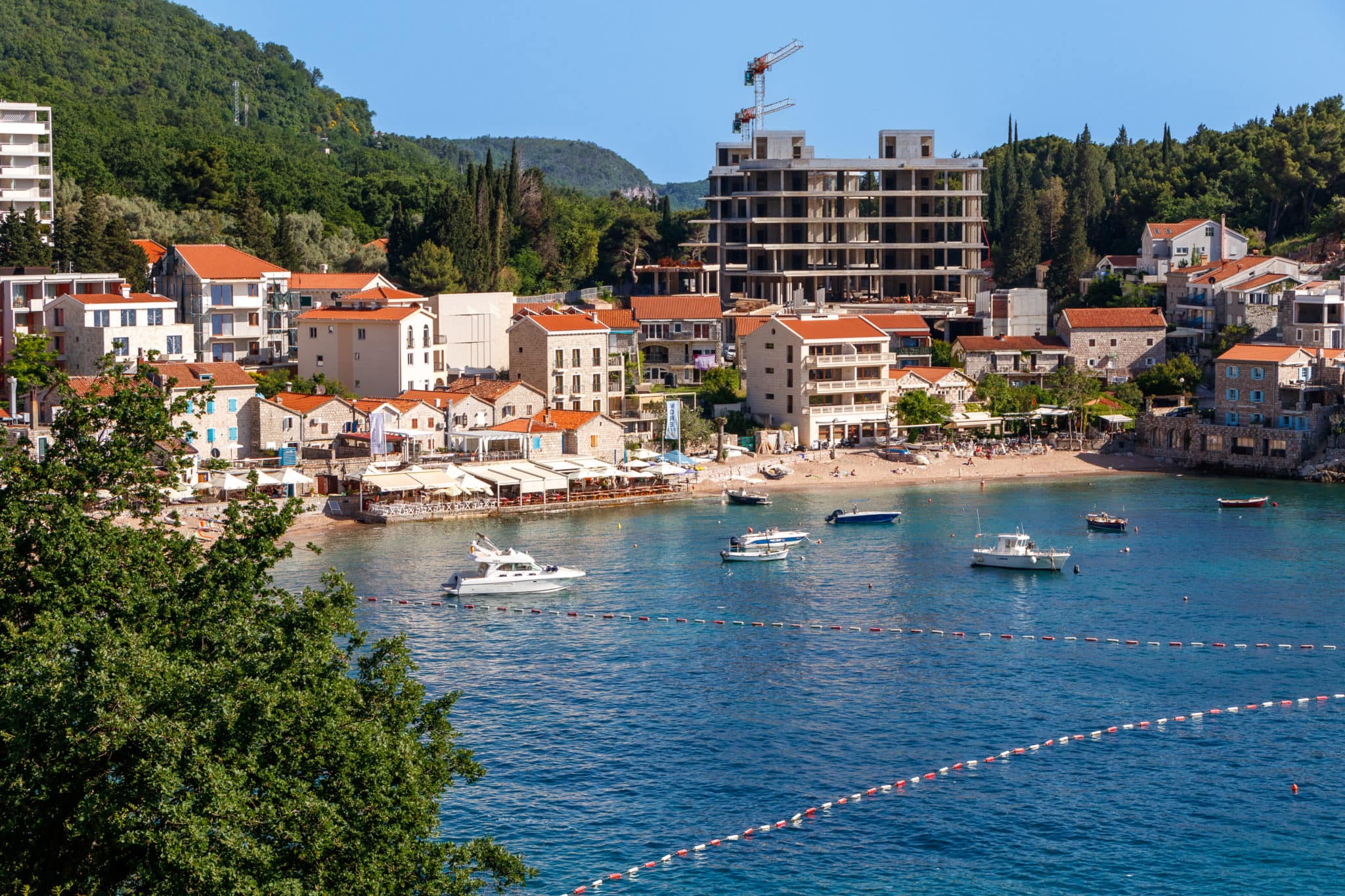 Beach in the village of Przno on the Budvanian Riviera in Montenegro. The Adriatic Sea.