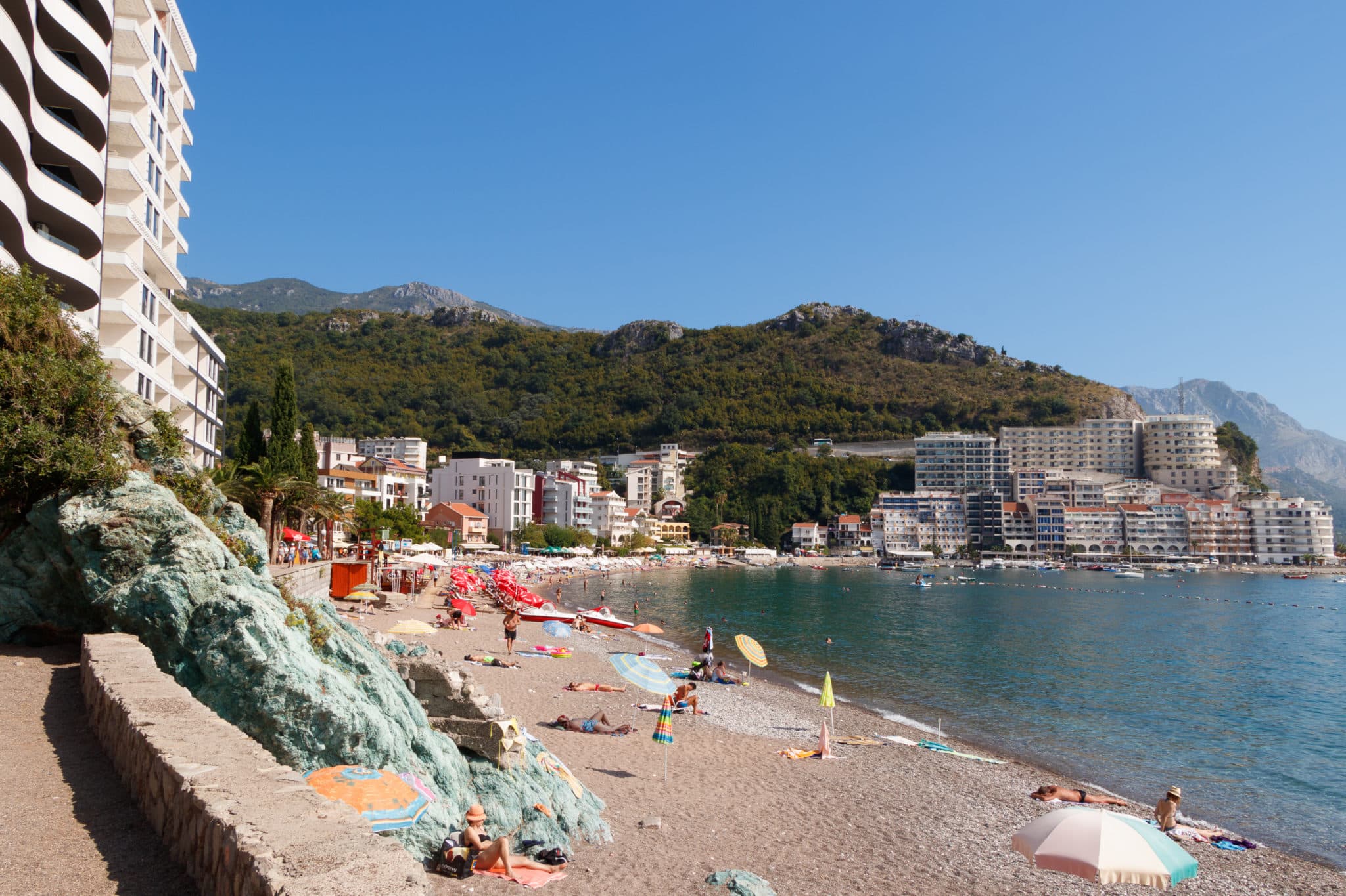 Rafailovici beach on the Budva Riviera in Montenegro. The Adriatic Sea.