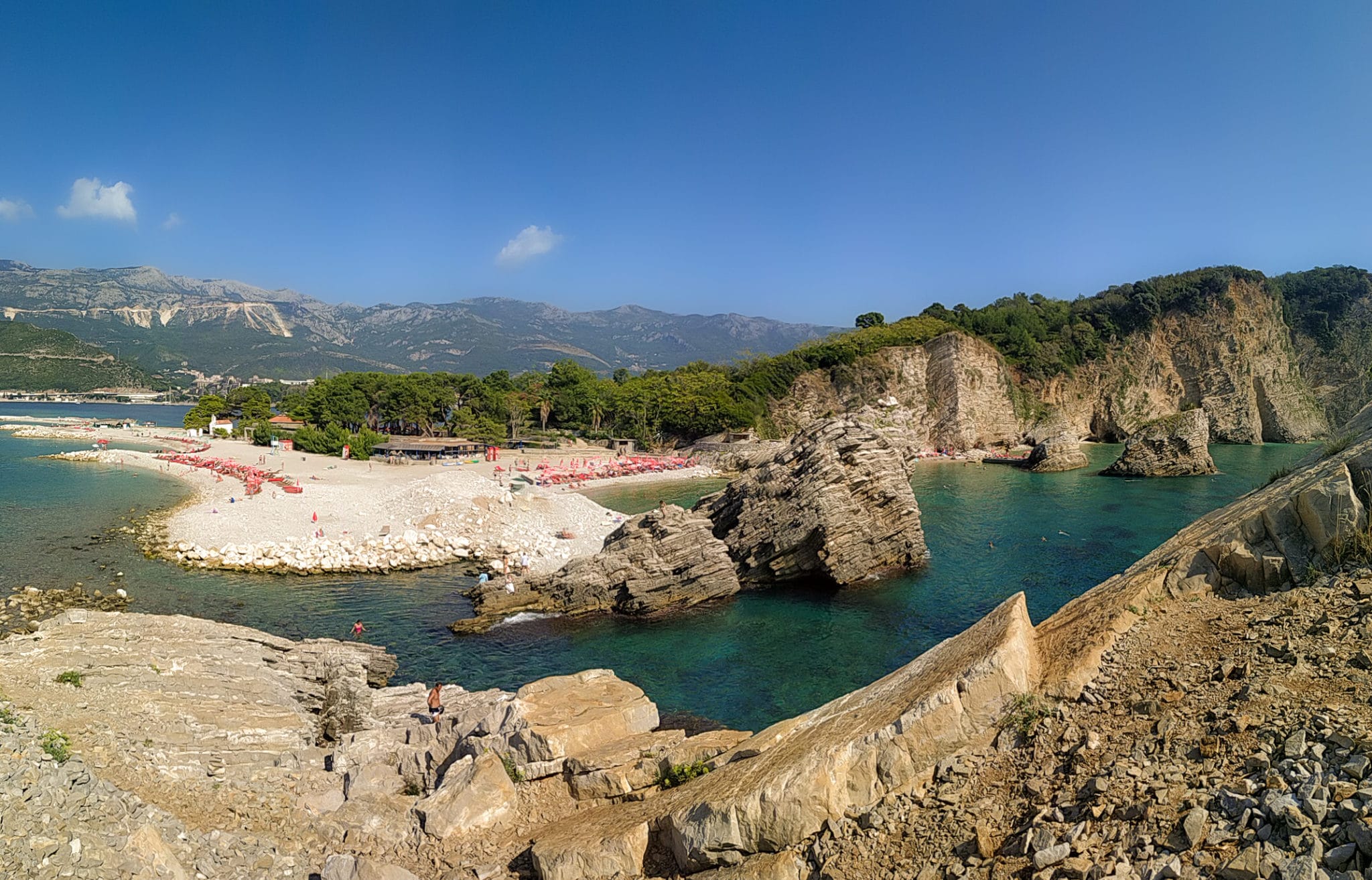 Panorama of Hawaii beach on the Sveti Nikola Island (St. Nicholas Island) in Budva (Montenegro).