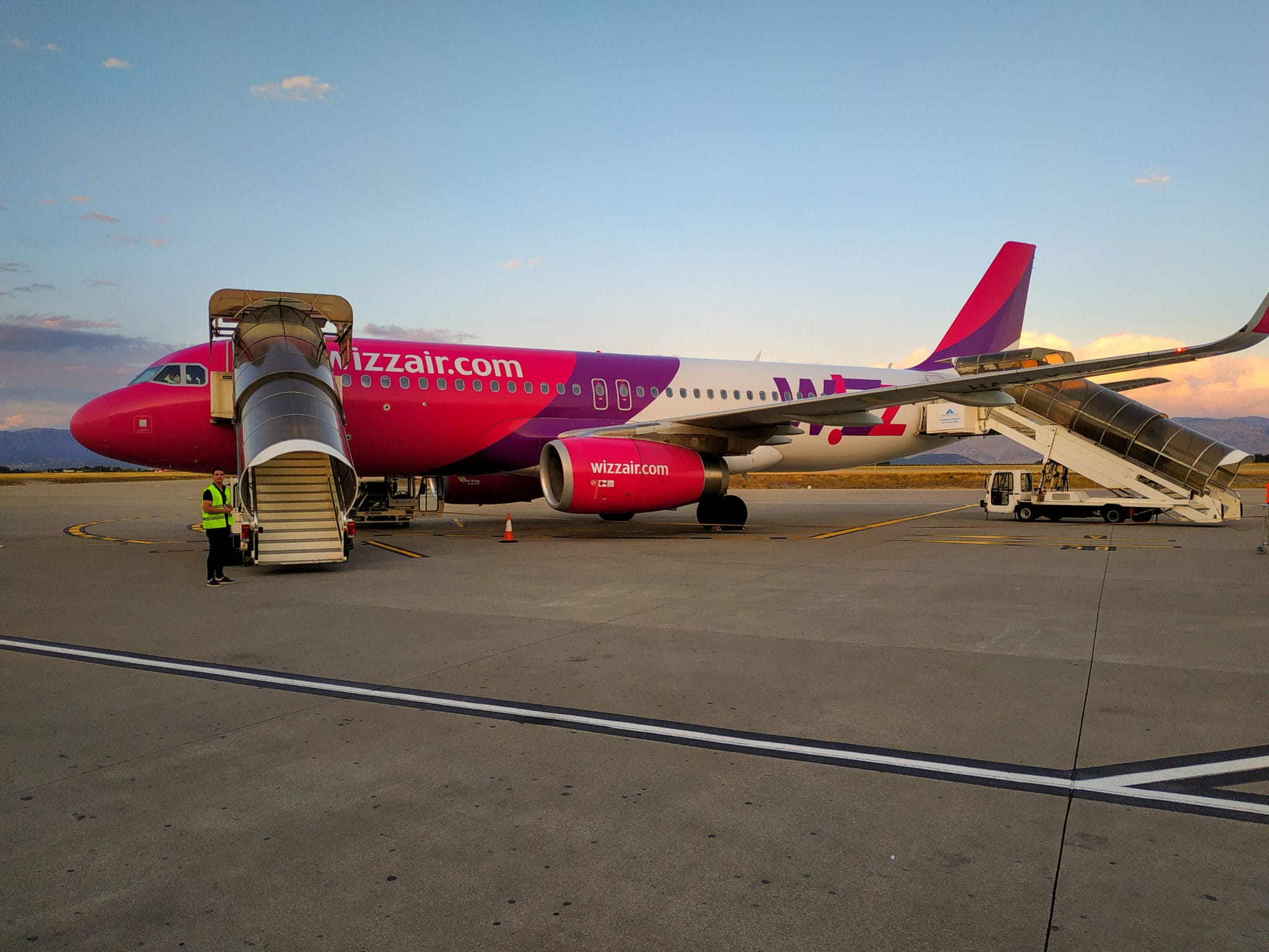 Wizz Air's aircraft at Podgorica airport in Montenegro is ready to take passengers on board and fly to Milan