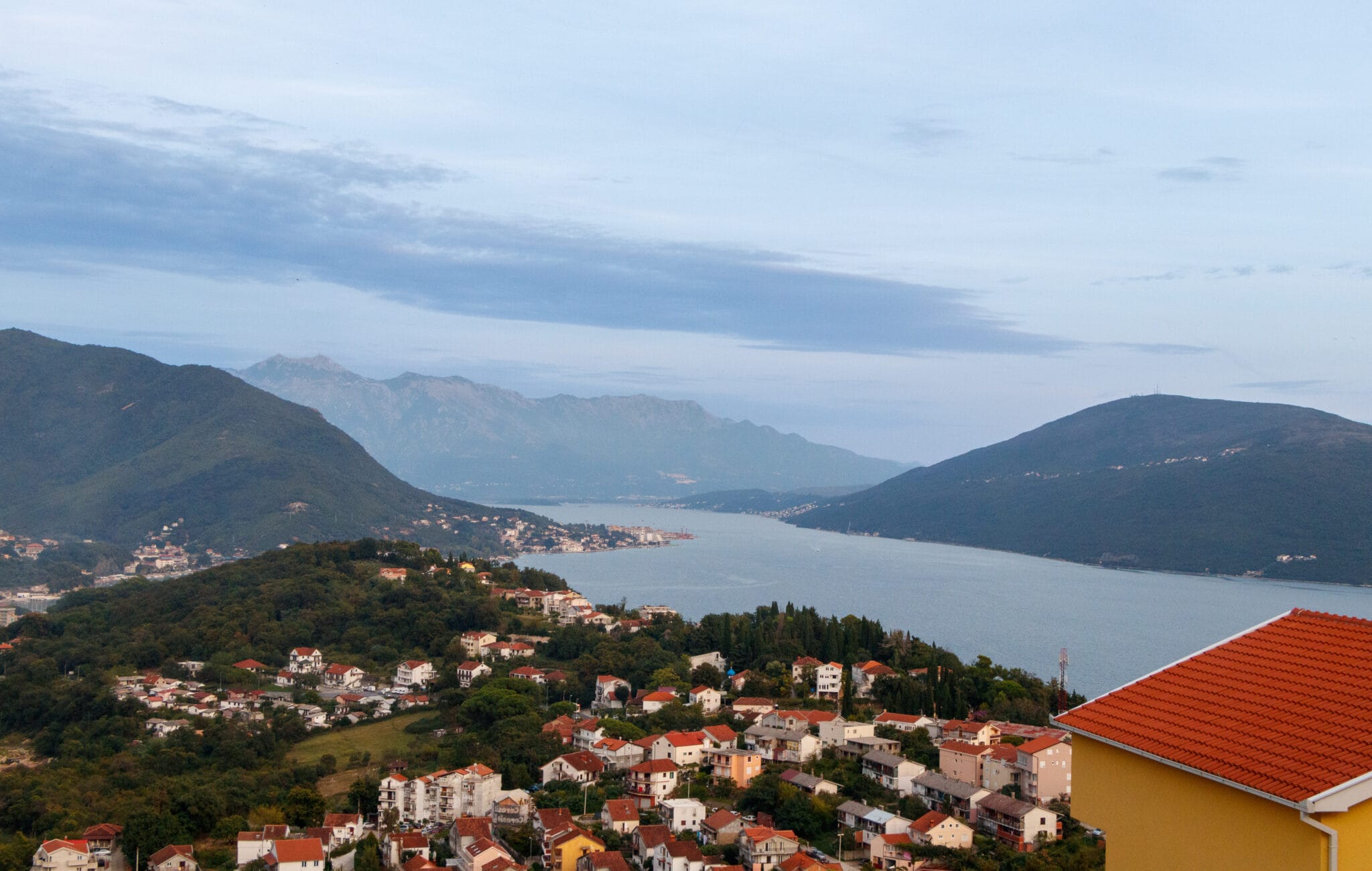 Bay of Kotor - evening panorama from the city of Herceg Novi. Montenegro.