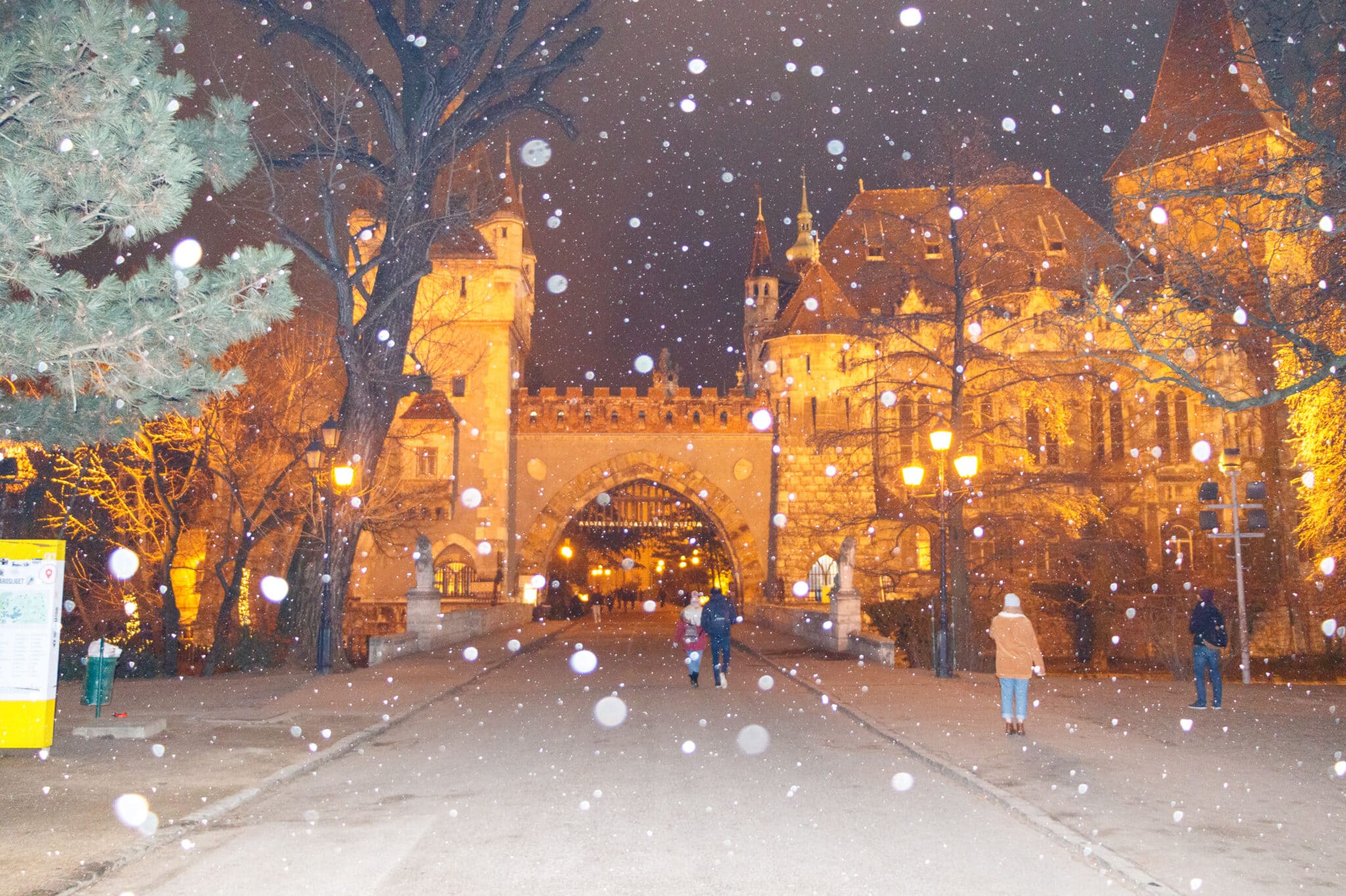 Vajdahunyad Castle in Varosliget Park in Budapest on a winter evening. Not photoshop. Just snowing.