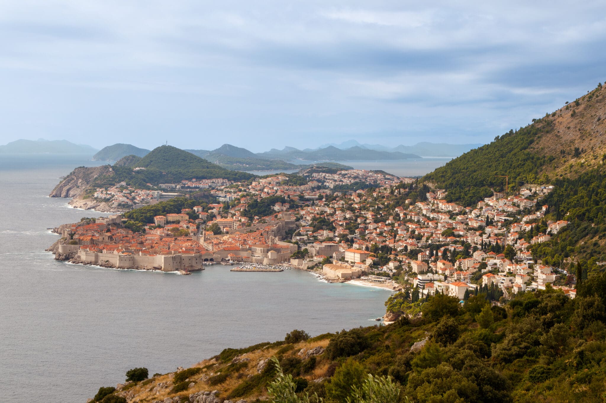 Panorama of the city of Dubrovnik from the viewing platform in front of the entrance to the town. Croatia.