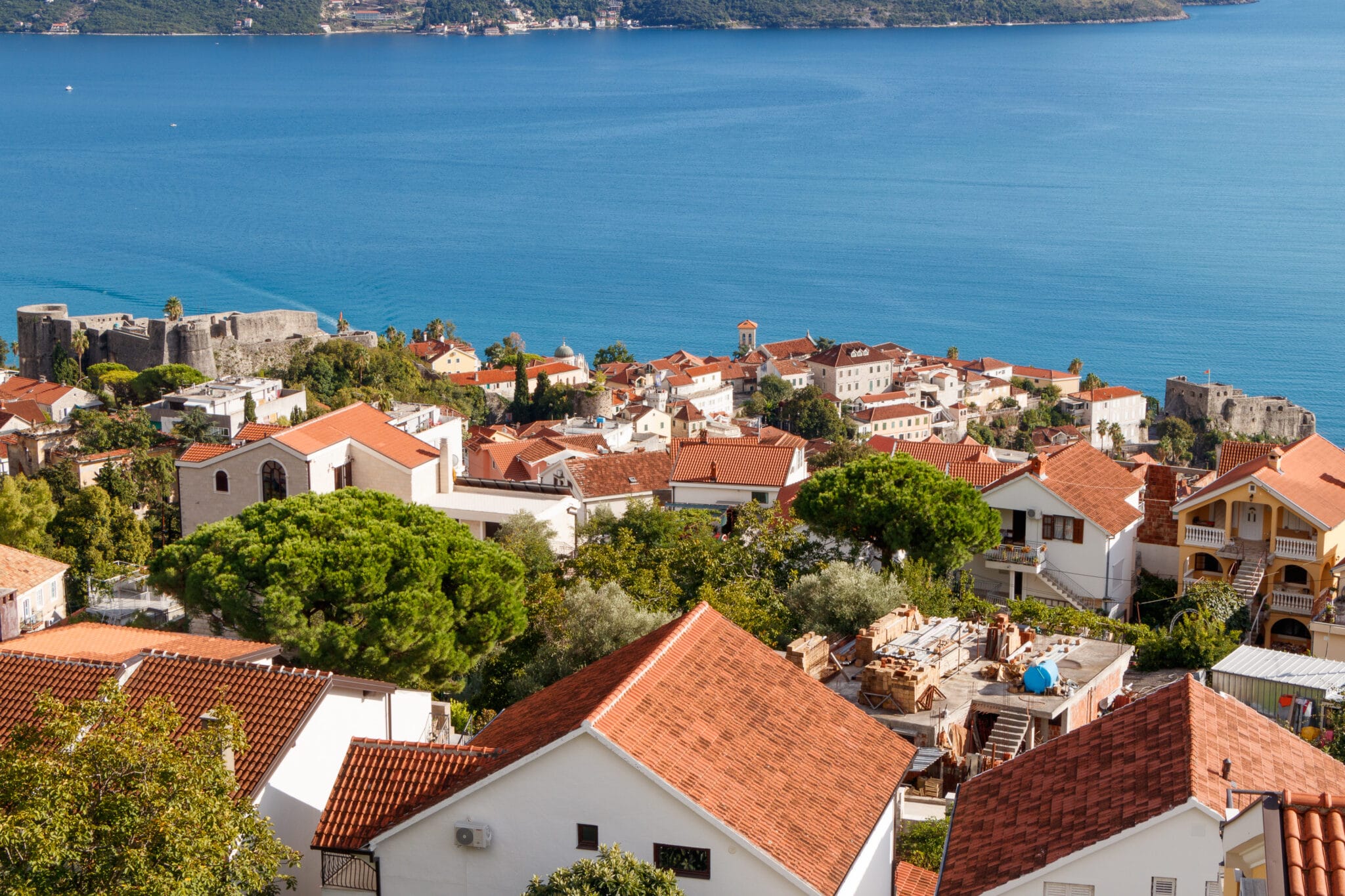 Panorama of the city of Herceg Novi in ​​Montenegro. Old Town, fortresses Kanli Kula and Forte Mare, Bay of Kotor.