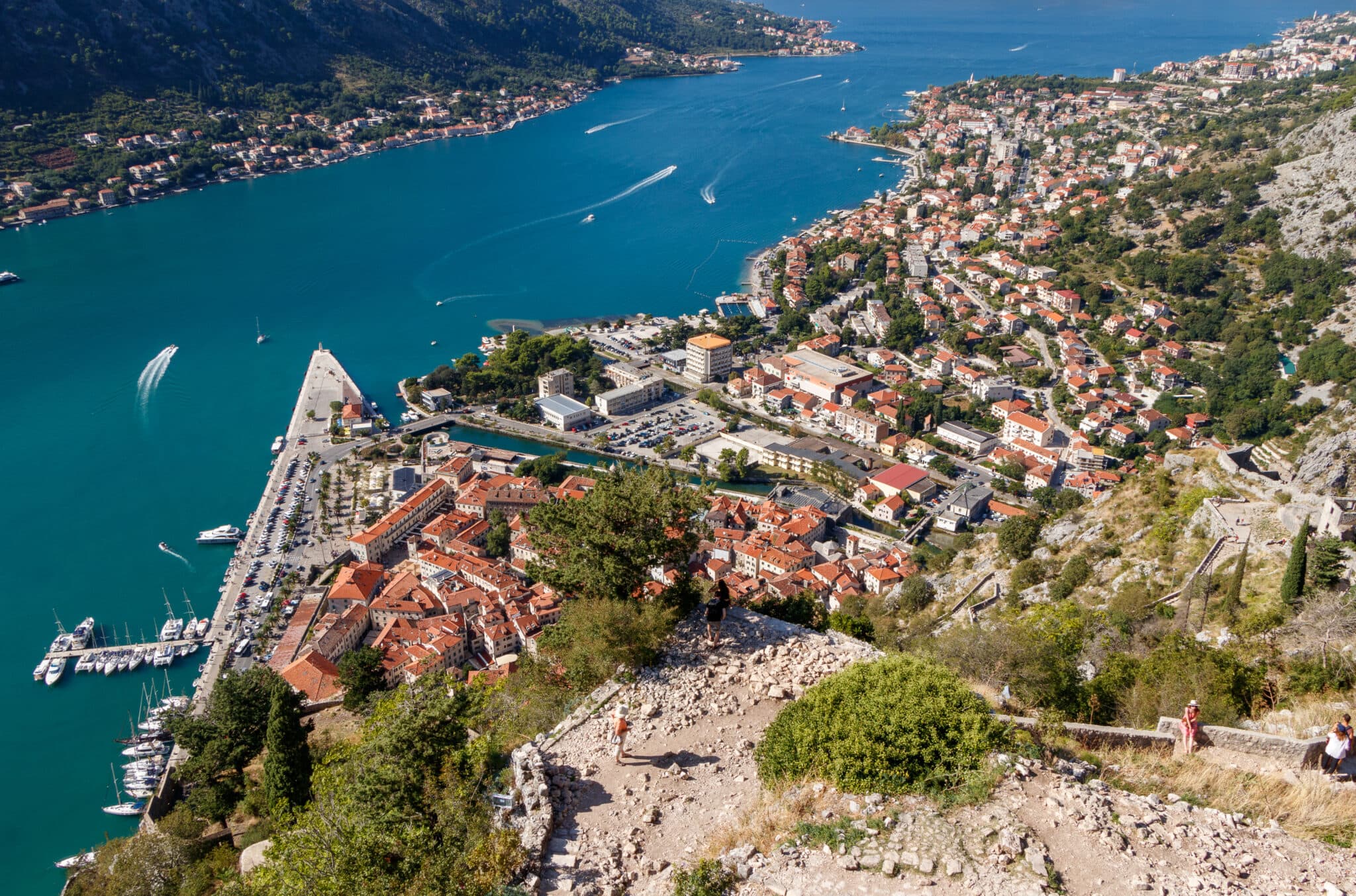 Panorama of the Kotor town and the Bay of Kotor. View from the fortress over the city. Montenegro.