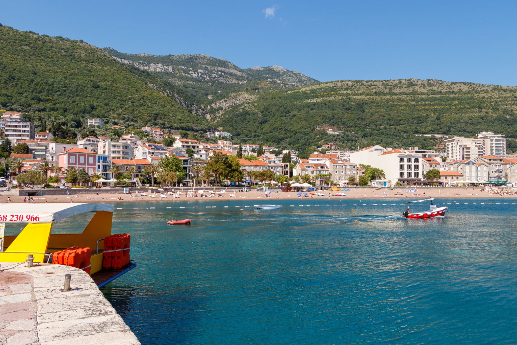 Panorama of the city of Petrovac and the city beach. Montenegro.