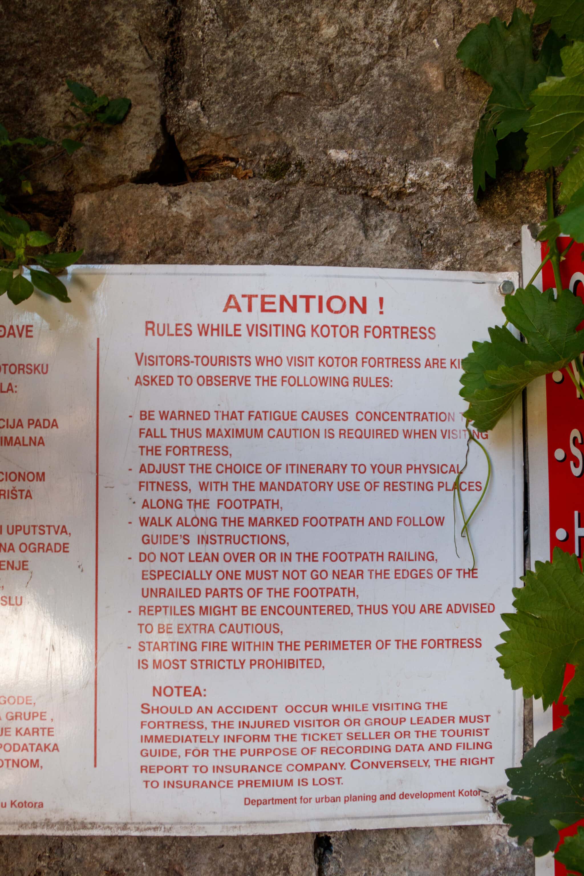 Safety rules when visiting the St. John's fortress in Kotor, Montenegro