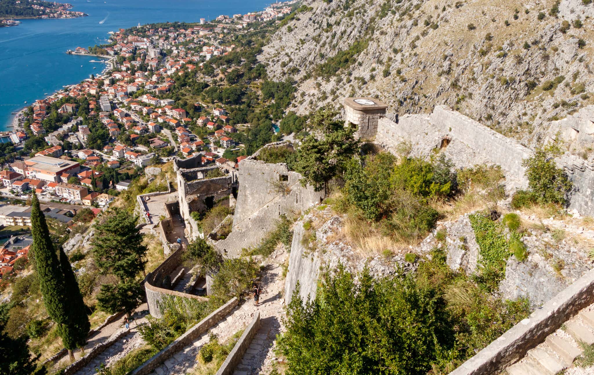 Panorama of the Dobrota town from the St. John's Fortress in Kotor, Montenegro