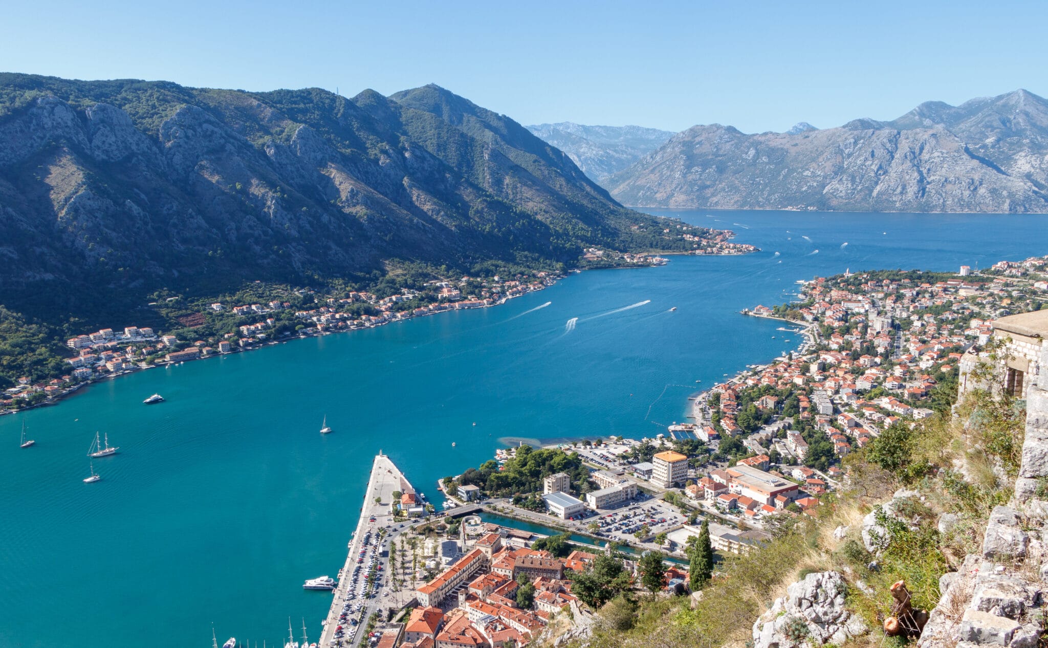 Panorama of the Kotor town and the Bay of Kotor from the St. John's fortress in Montenegro