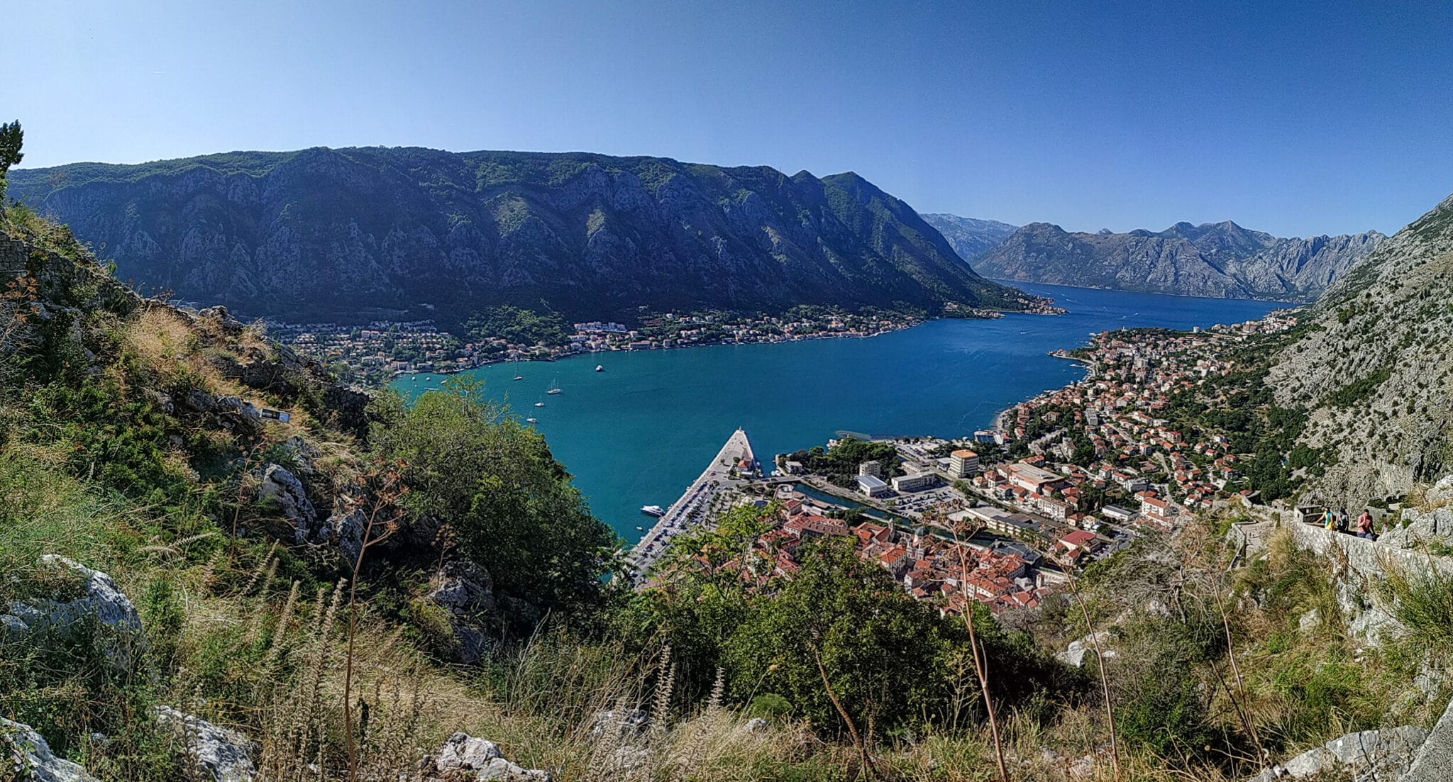 Panorama of Kotor, Dobrota and the Bay of Kotor from the St. John's fortress in Montenegro