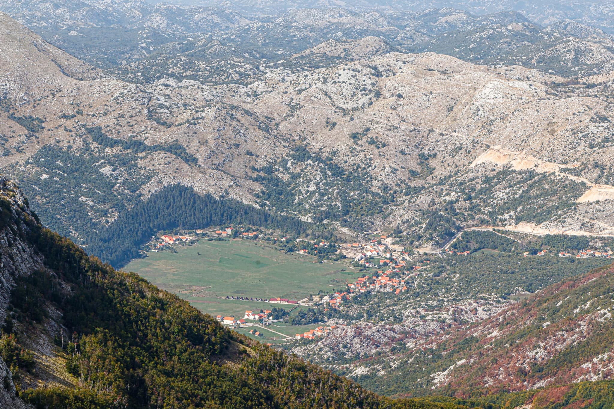 Panorama of the village of Njegusi from the observation deck near the Njegos mausoleum on Mount Lovcen in Montenegro